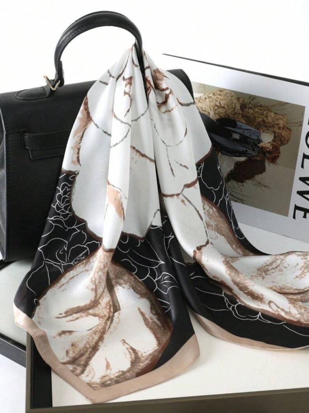 ✨New Elegant Bandana Square Silky Scarf Soft FLORAL BIG ROSE Black Brown Luxury✨ - Picture 4 of 8